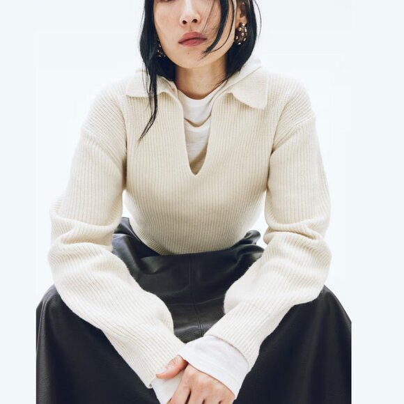 H&M Rib Knit Collared Sweater Long Sleeve Cropped Cream Size Small New With Tags - Picture 16 of 17